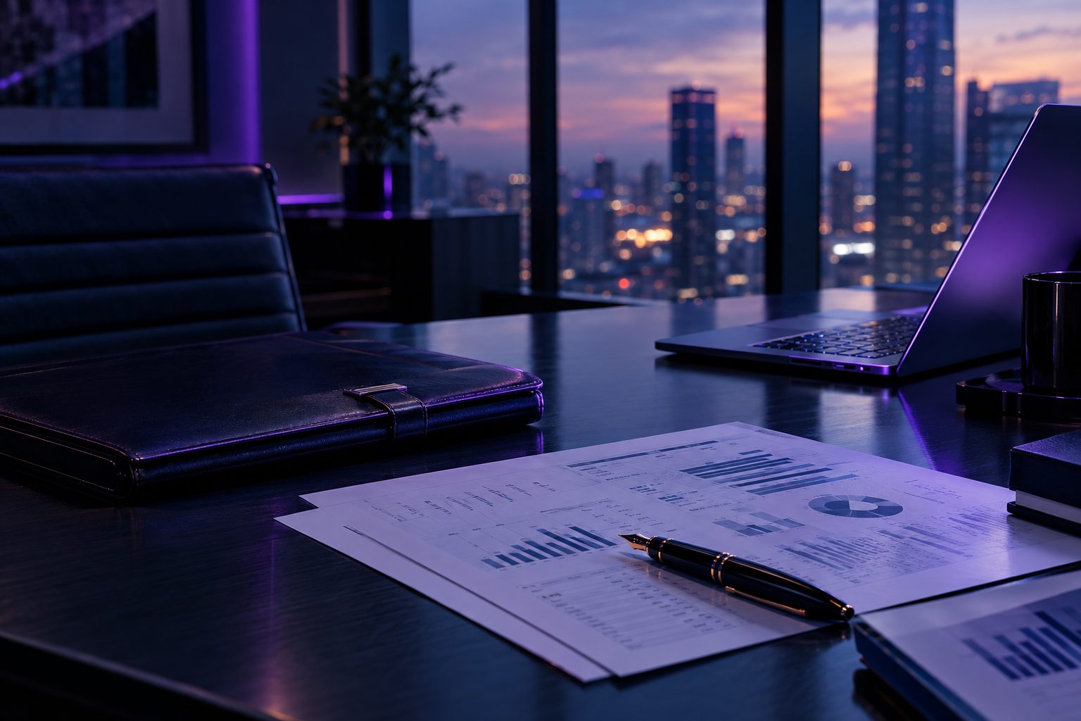 Illustrative workspace overlooking a city at dusk